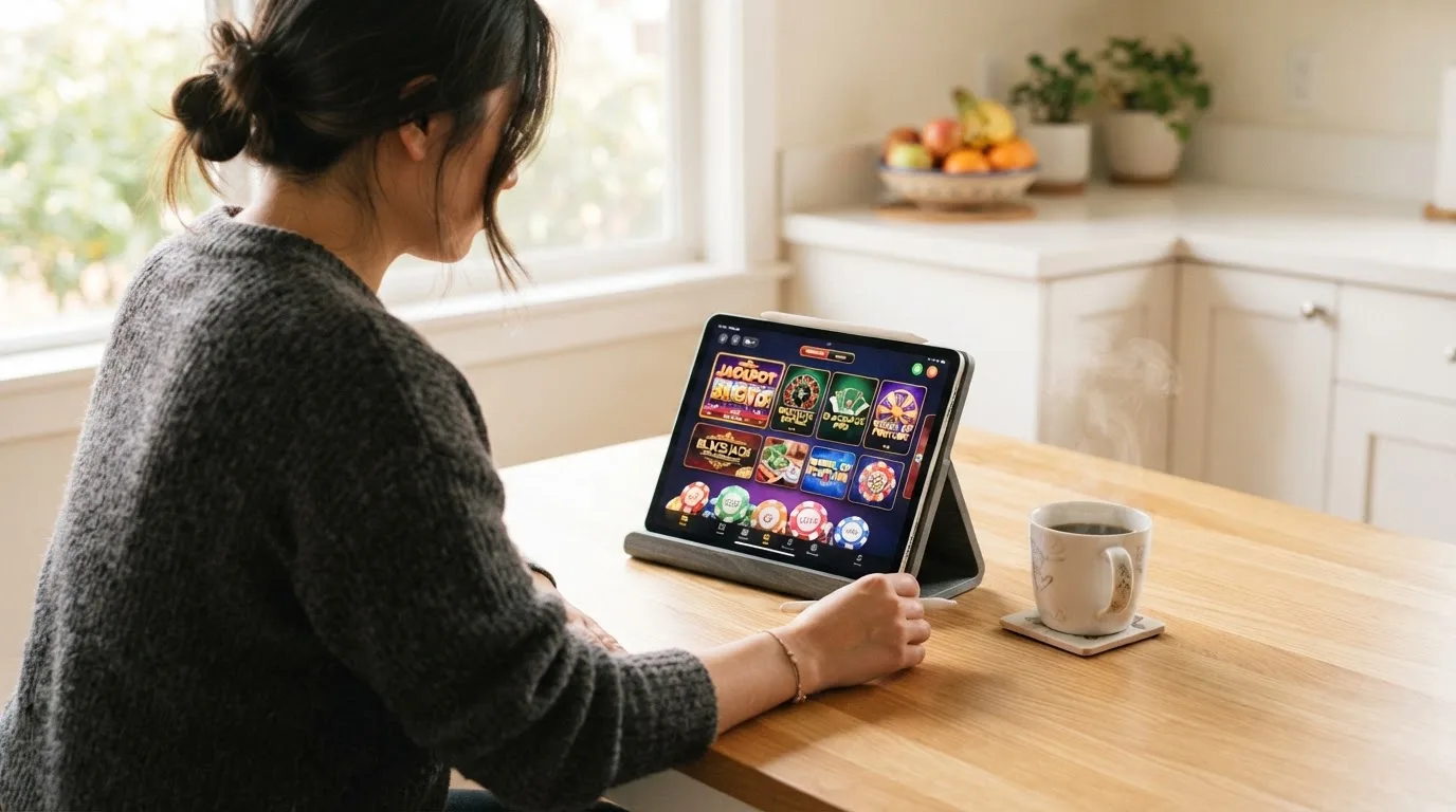 Een persoon bekijkt op een tablet een overzicht van casinospellen aan een keukentafel, met een kop koffie ernaast.