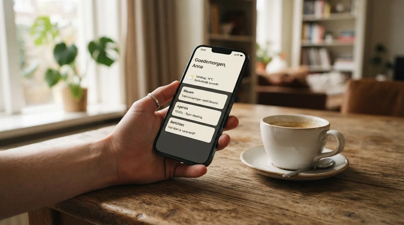 Een hand houdt een smartphone vast boven een houten tafel met een kopje koffie ernaast, in zacht daglicht.