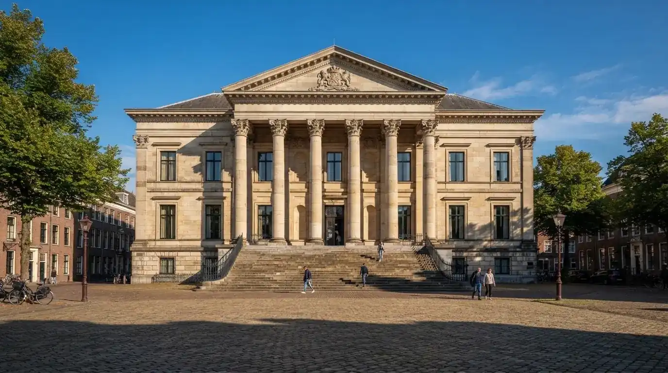 Een statig gerechtsgebouw met brede trappen en zuilen staat onder een heldere hemel in een Nederlandse stad.