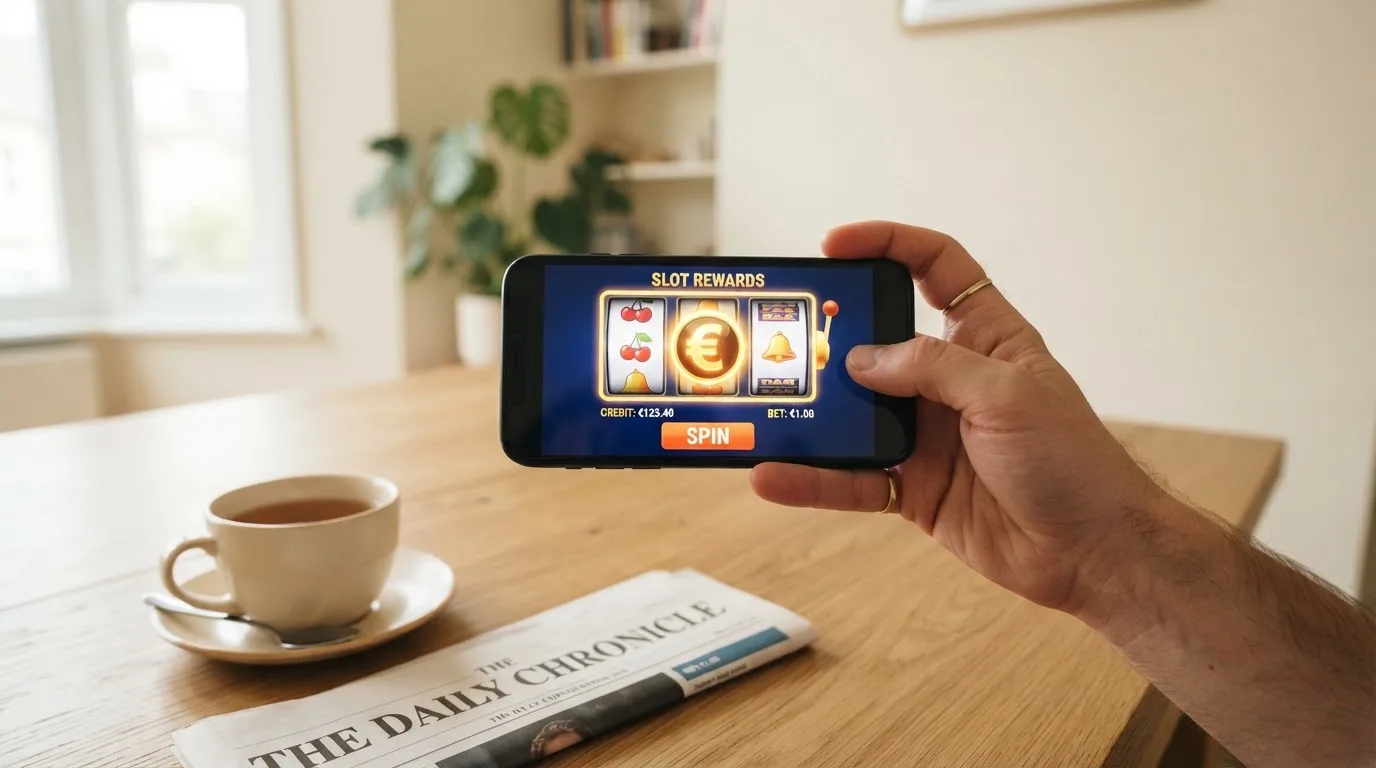 Een hand houdt een smartphone vast boven een houten tafel met een kopje thee ernaast, in zacht daglicht.