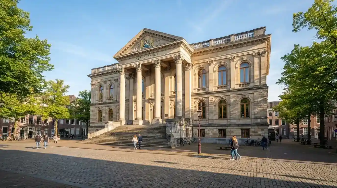 Een statig gerechtsgebouw met brede trappen en zuilen staat onder een heldere hemel in een Nederlandse stad.