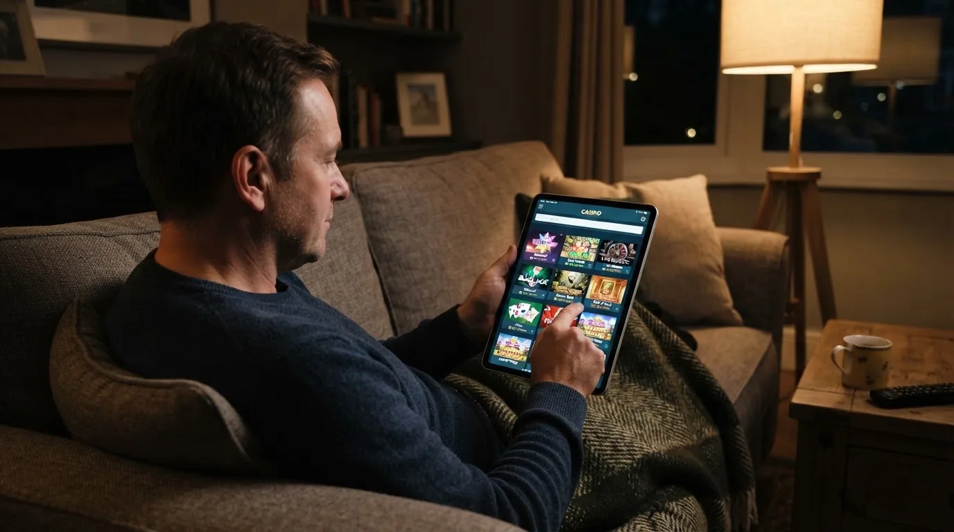 Een man bekijkt laat op de avond een tablet op de bank, verlicht door een staande lamp in een rustige woonkamer.