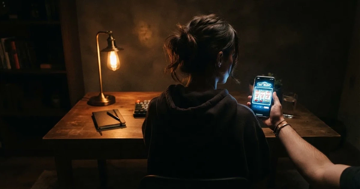 Een speler zit 's avonds laat aan een bureau met een smartphone in de hand, verlicht door een bureaulamp in een verder donkere kamer.