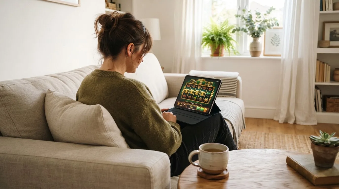 Een vrouw bekijkt ontspannen een tablet op de bank in een lichte woonkamer met een kop thee op de salontafel.