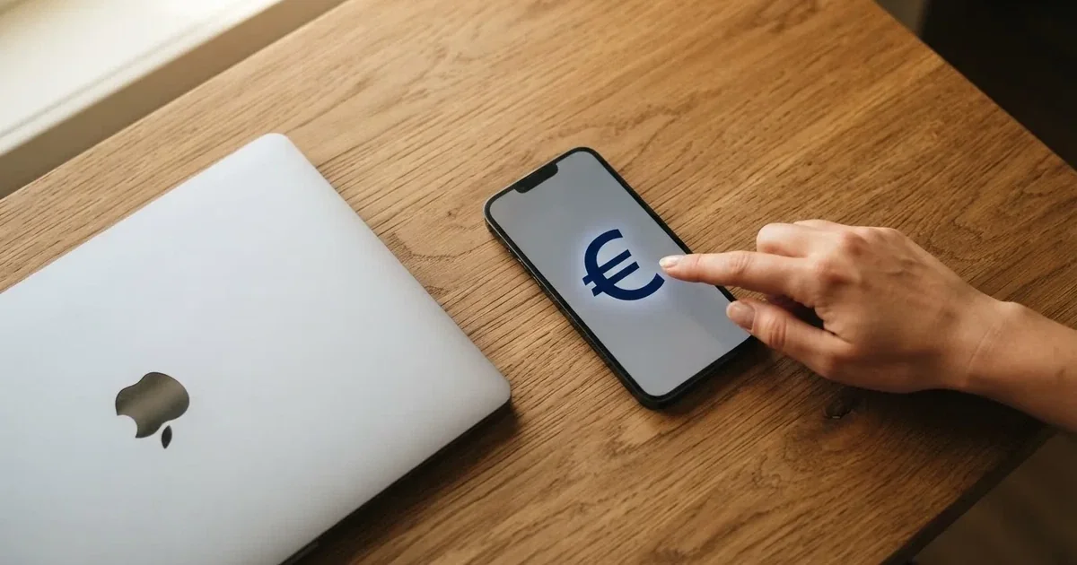 Een hand tikt op een smartphone naast een gesloten laptop op een houten bureau, in zacht daglicht.