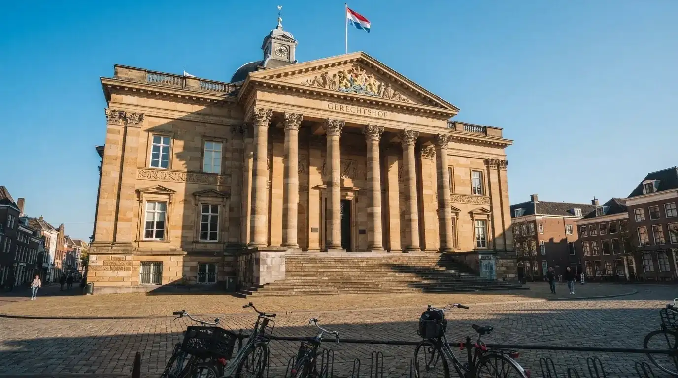 Een klassiek gerechtsgebouw met hoge zuilen staat onder een blauwe lucht in een Nederlandse binnenstad.