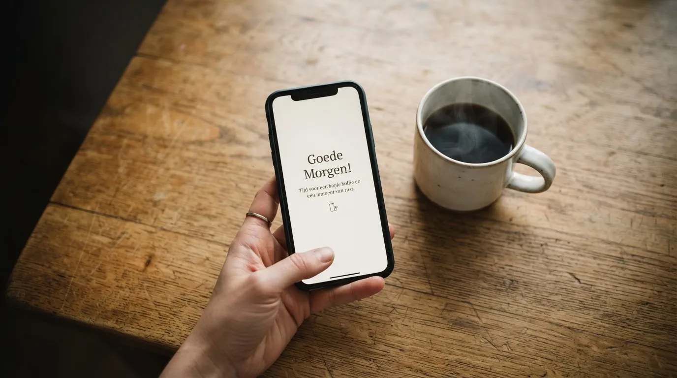 Een hand houdt een smartphone vast boven een houten tafel met een kopje koffie ernaast, in zacht daglicht.