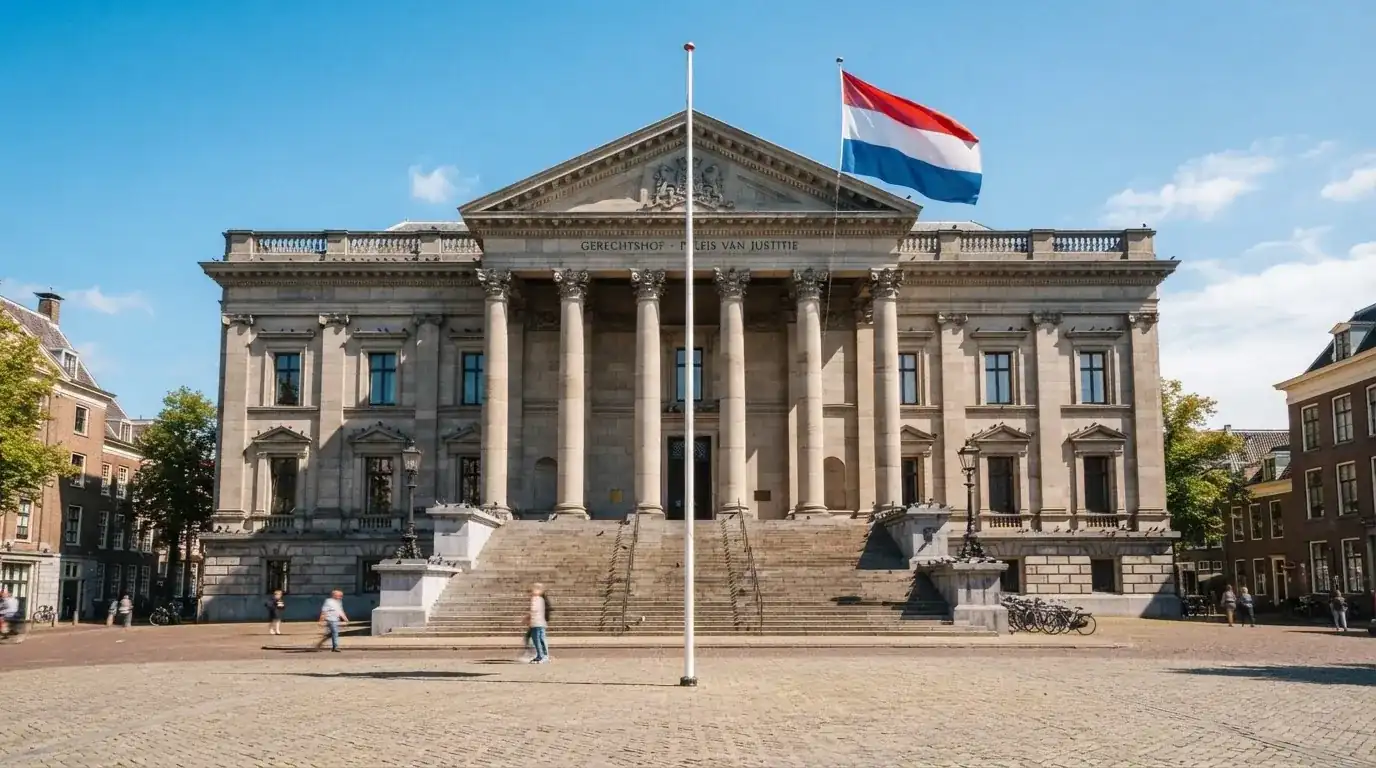 Een statig gerechtsgebouw met brede trappen en zuilen staat onder een heldere hemel in een Nederlandse stad.