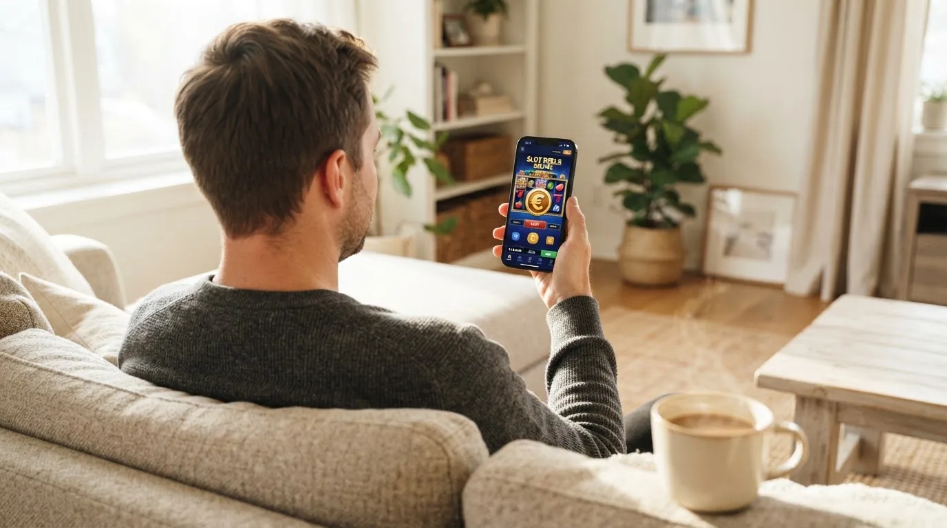 Een man bekijkt ontspannen zijn telefoon op de bank in een lichte woonkamer met een kop koffie op de salontafel.