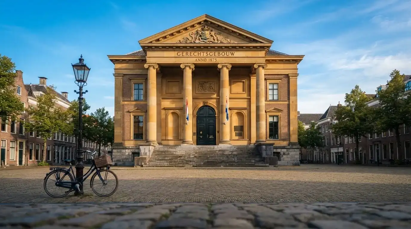 Een klassiek gerechtsgebouw met zuilen staat onder een blauwe lucht in een rustige Nederlandse stad.