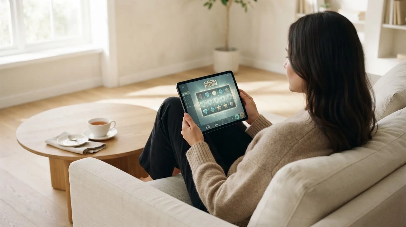 Een vrouw bekijkt ontspannen een tablet op de bank in een lichte woonkamer met een kop thee op de salontafel.