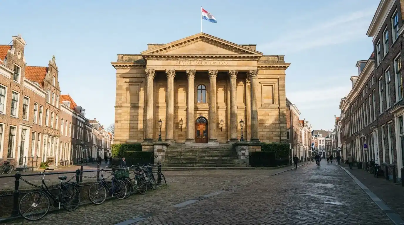 Een klassiek gerechtsgebouw met hoge zuilen staat onder een heldere hemel in een Nederlandse stad.