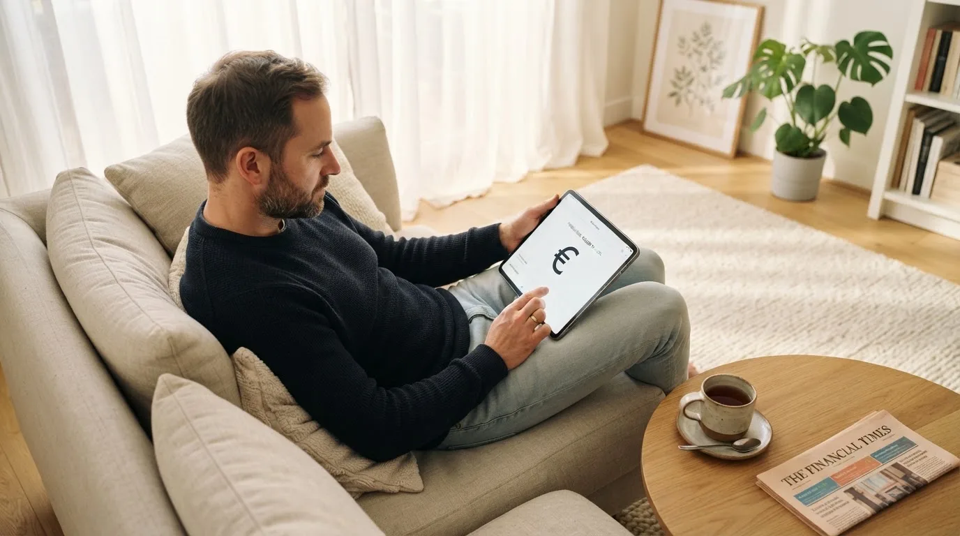 Een man bekijkt ontspannen een tablet op de bank in een lichte woonkamer met een kop thee op de salontafel.
