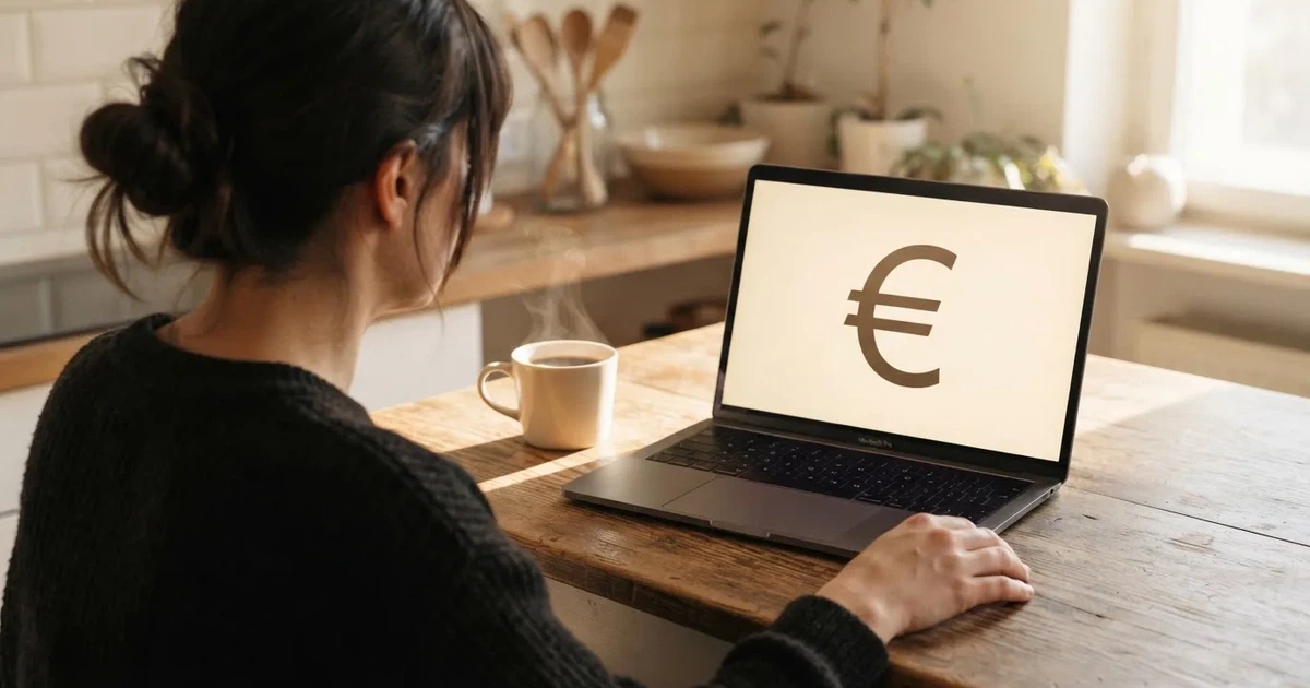Een vrouw regelt op een laptop een overschrijving aan een keukentafel, met een kopje koffie naast het toetsenbord.