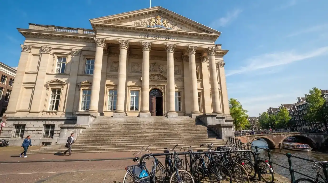 Een statig gerechtsgebouw met brede trappen en zuilen staat onder een blauwe hemel in een Nederlandse stad.
