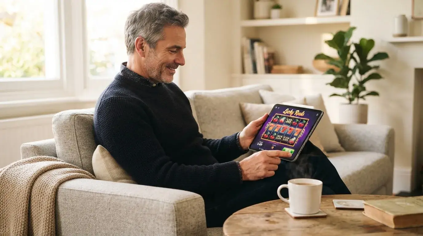 Een man bekijkt ontspannen een tablet op de bank in een lichte woonkamer met een kop koffie op de salontafel.