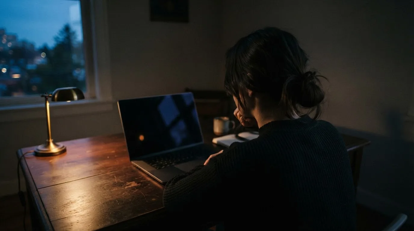 Een persoon zit alleen aan een bureau en kijkt peinzend naar een laptop met het scherm uit, in gedimd licht.