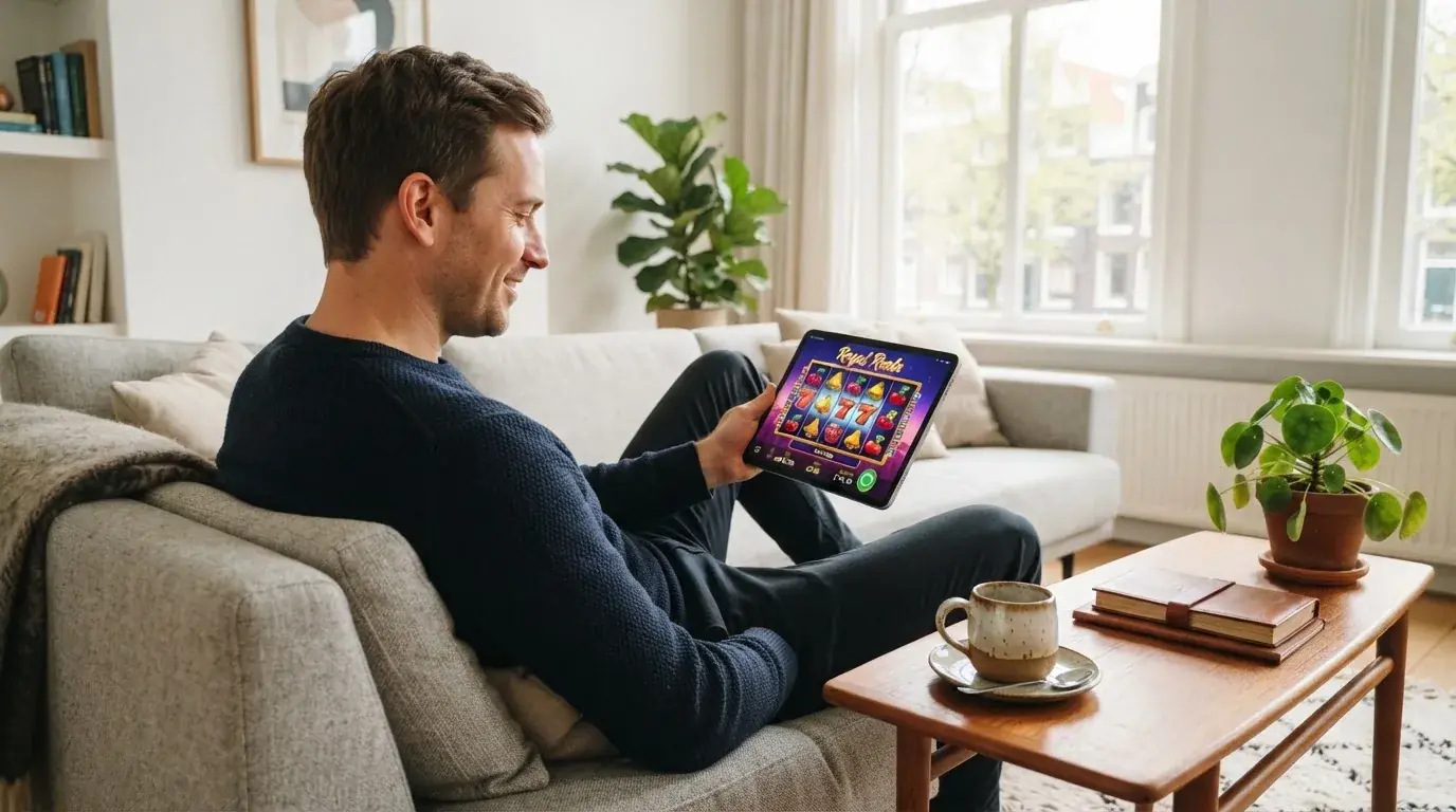 Een man bekijkt ontspannen een tablet op de bank in een lichte woonkamer met een kop koffie op de salontafel.