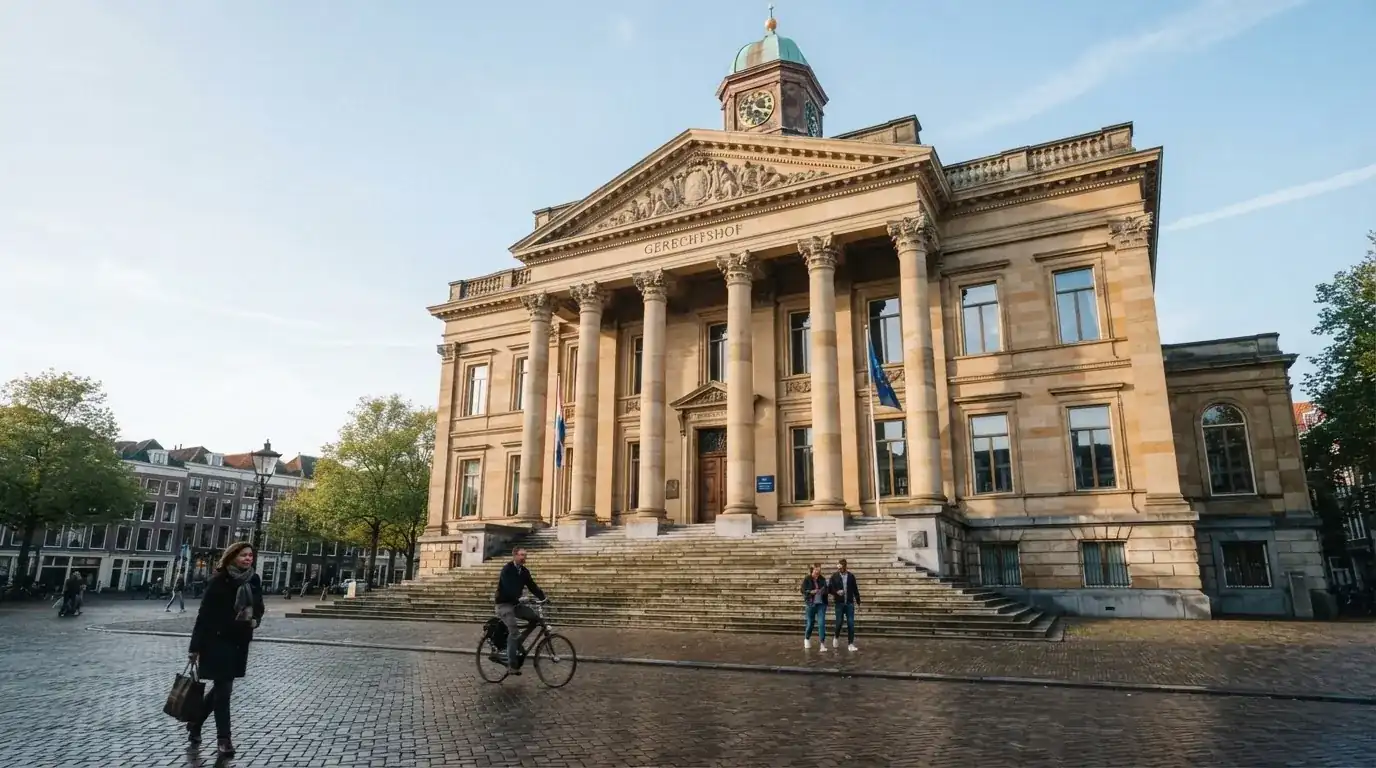 Een klassiek gerechtsgebouw met hoge zuilen staat onder een heldere hemel in een Nederlandse stad.
