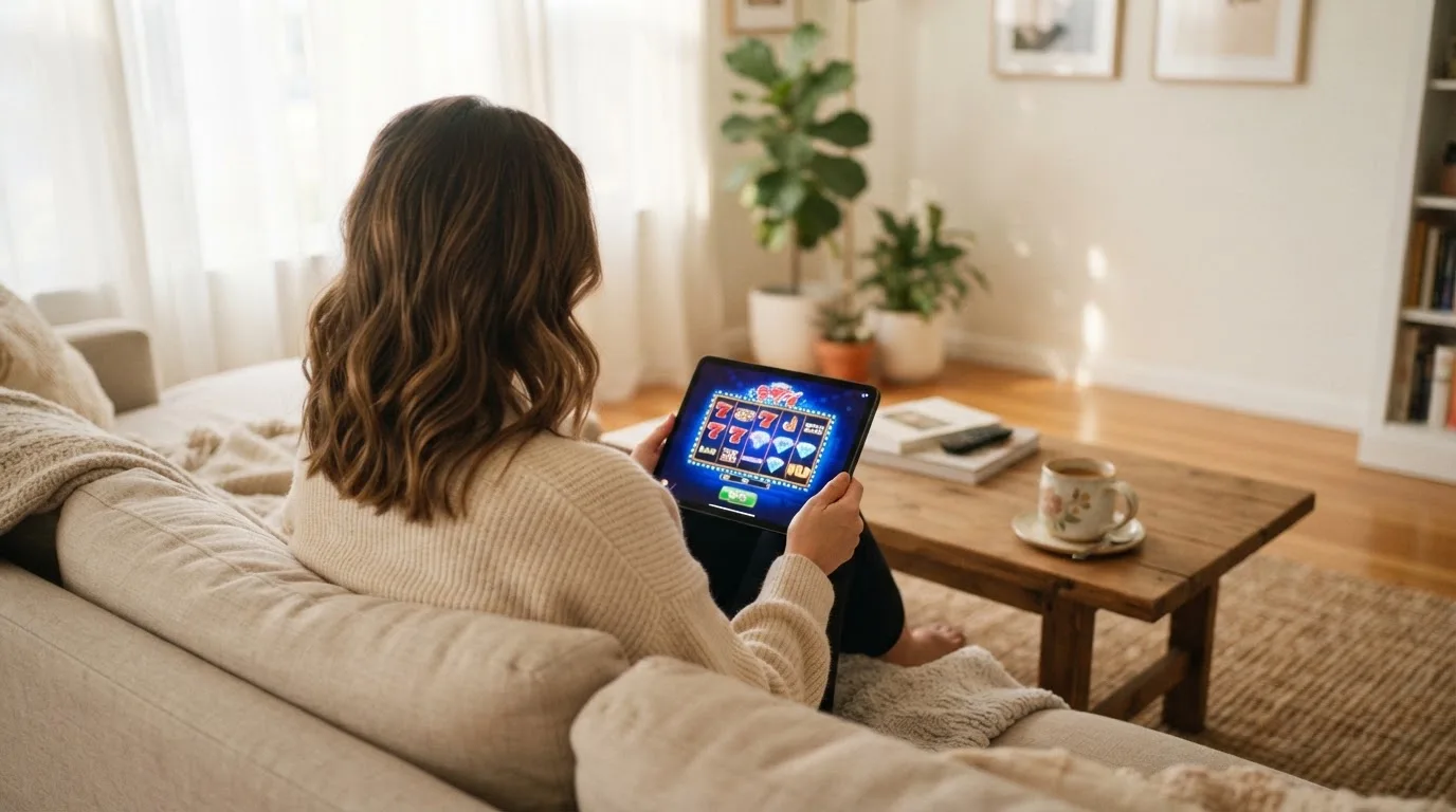 Een vrouw bekijkt ontspannen een tablet op de bank in een lichte woonkamer met een kop koffie op de salontafel.