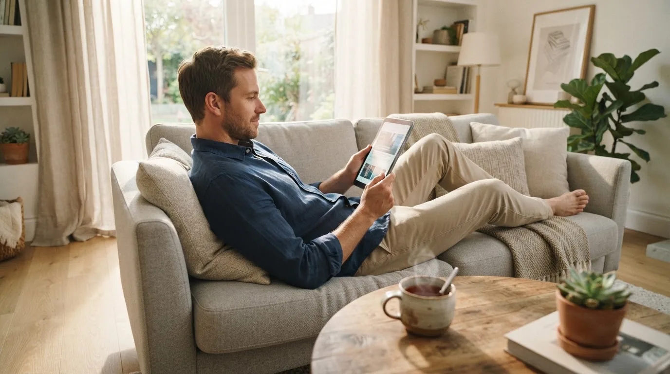 Een man bekijkt ontspannen een tablet op de bank in een lichte woonkamer met een kop thee op de salontafel.