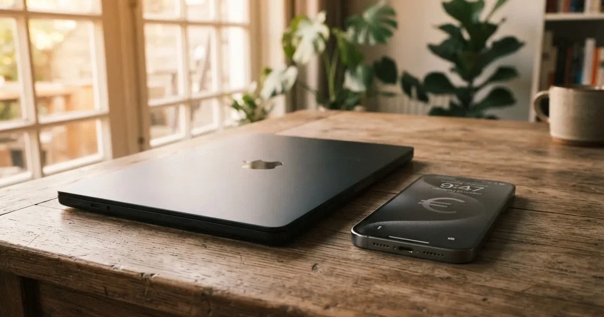 Een laptop met gesloten deksel staat naast een smartphone op een houten bureau, in zacht daglicht.