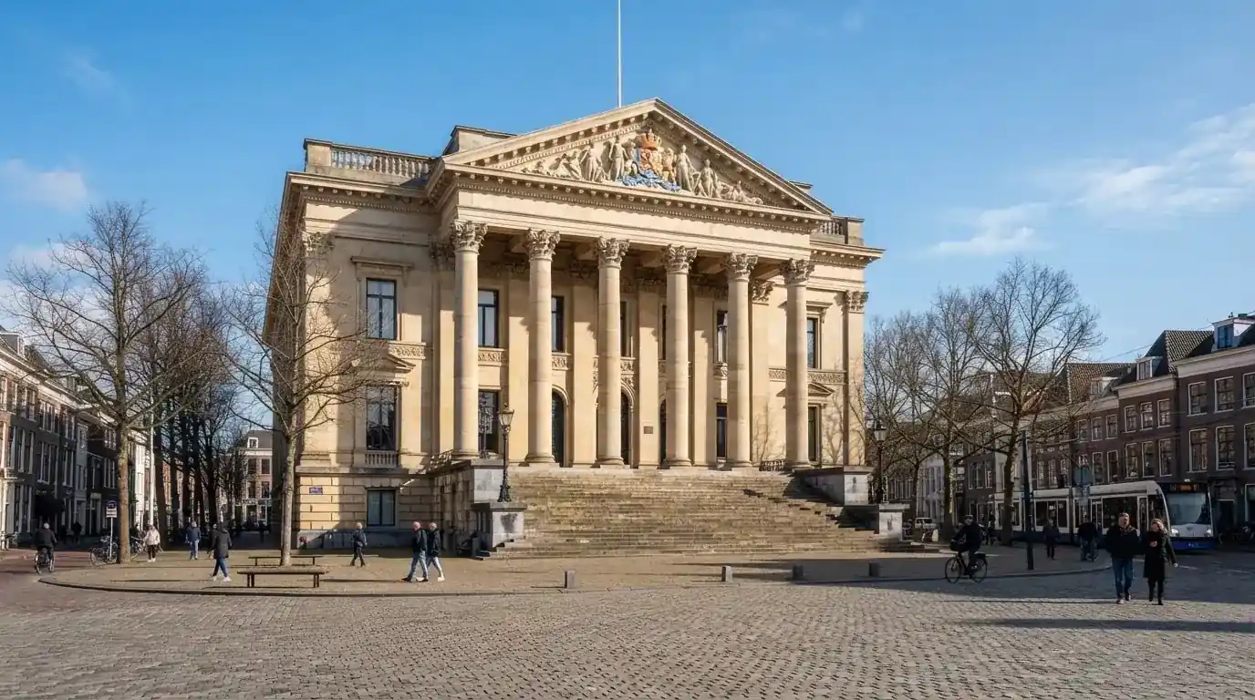 Een klassiek gerechtsgebouw met hoge zuilen staat onder een heldere hemel in een Nederlandse stad.