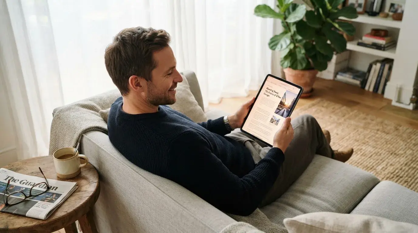 Een man bekijkt ontspannen een tablet op de bank in een lichte woonkamer met een kop koffie op de salontafel.