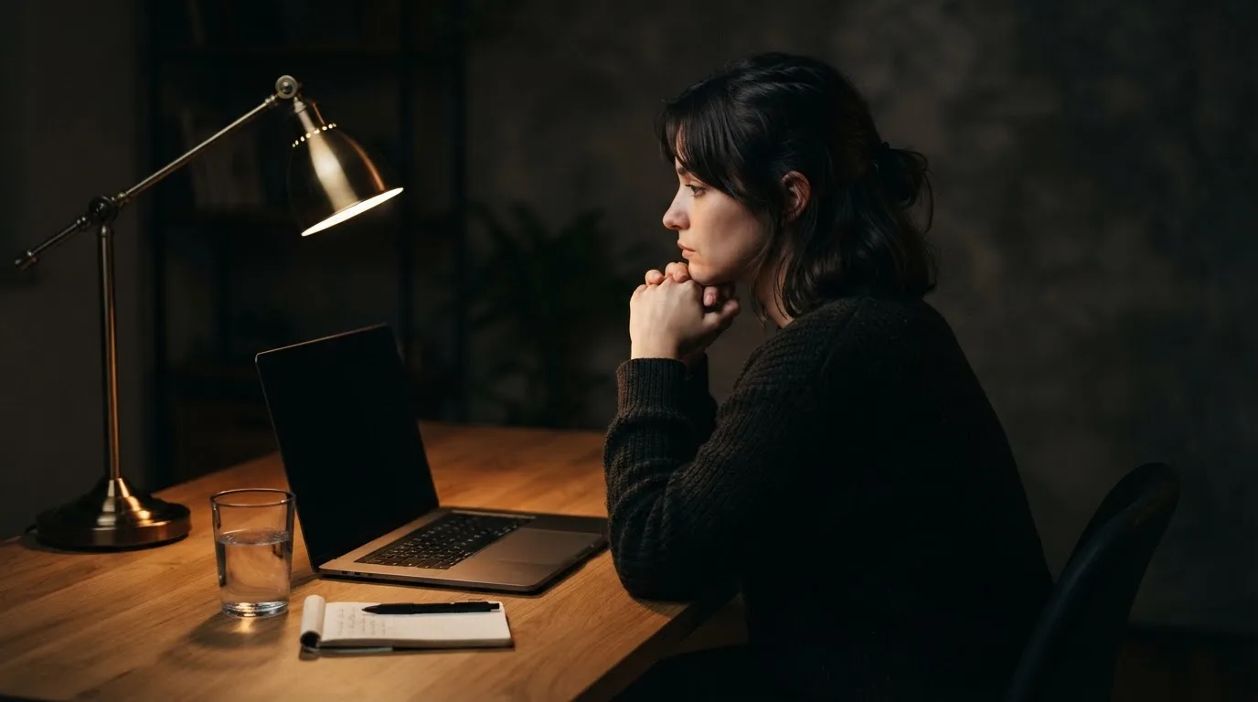 Een persoon zit alleen aan een bureau en kijkt peinzend naar een laptop met het scherm uit, in gedimd licht.