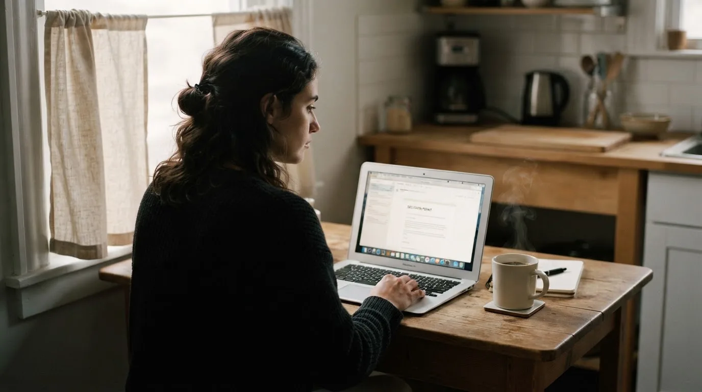 Een persoon zit alleen aan een keukentafel en kijkt peinzend naar een laptop, met een kop koffie ernaast in het vroege ochtendlicht.