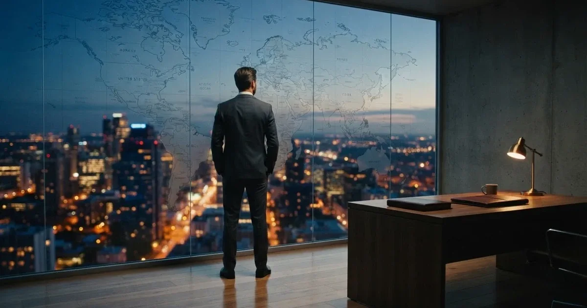 Een jurist in kostuum staat voor een grote glazen wand met een wereldkaart in een modern kantoor tijdens de avondschemering.