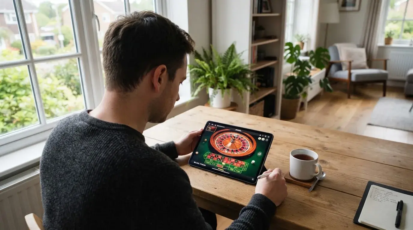 Een man zit aan een bureau in een lichte woonkamer en kijkt naar het scherm van een tablet die naast een kop thee ligt.