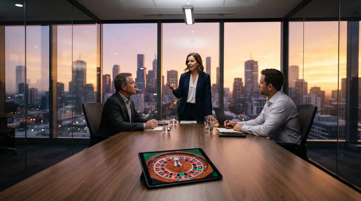 Een klein team overlegt rond een tafel in een glazen vergaderruimte met uitzicht op een stedelijke skyline bij zonsondergang.