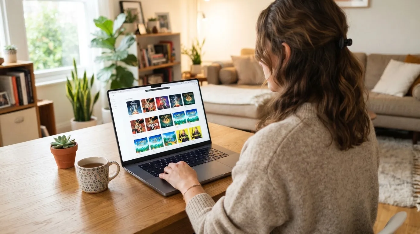 Een vrouw zit aan een houten bureau en bekijkt rustig het scherm van een laptop in een lichte woonkamer.