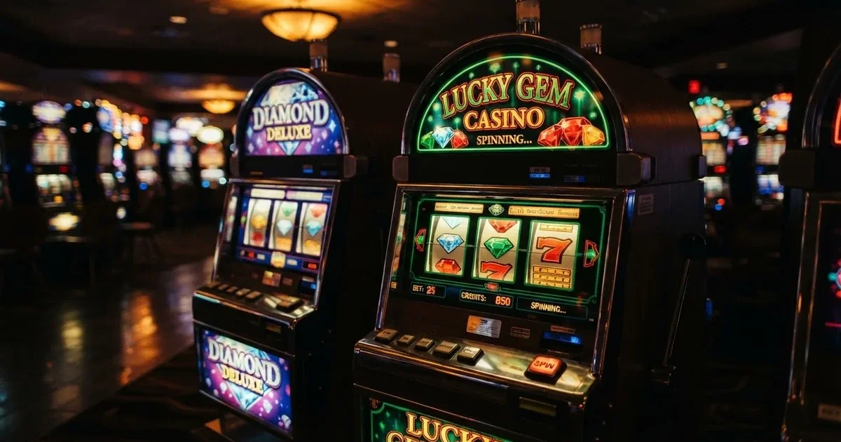 Een close-up van kleurrijke gokkasten met knipperende lichten in een schemerig casino, zonder zichtbare spelers of tekst.