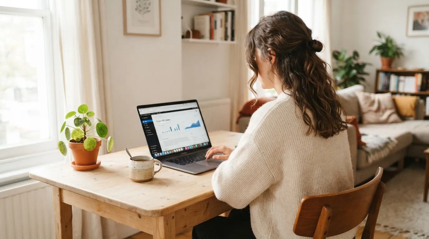 Een vrouw zit aan een houten bureau en bekijkt rustig het scherm van een laptop in een lichte woonkamer.