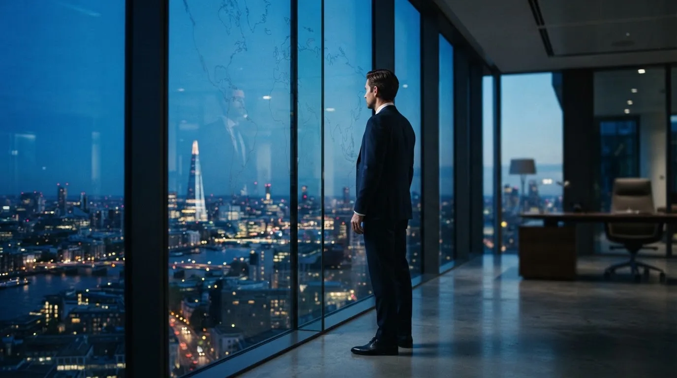 Een jurist in kostuum staat voor een grote glazen wand met een wereldkaart in een modern kantoor tijdens de avondschemering.