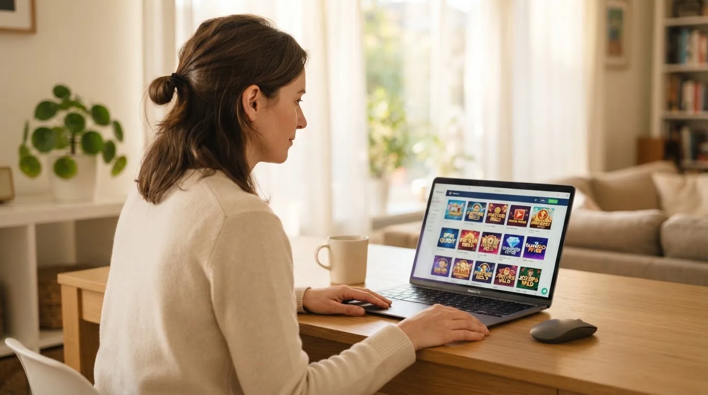 Een vrouw zit aan een houten bureau en bekijkt rustig het scherm van een laptop in een lichte woonkamer.