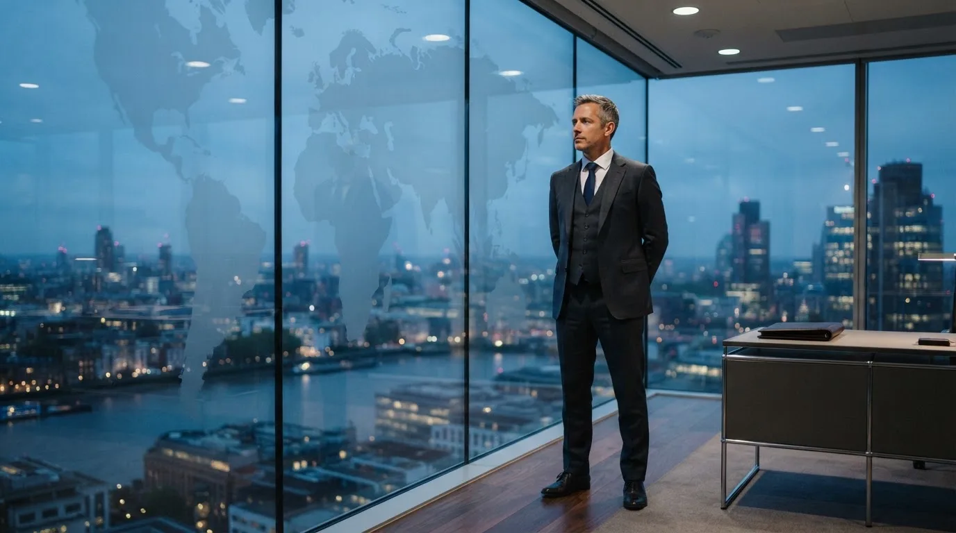 Een jurist in kostuum staat voor een grote glazen wand met een wereldkaart in een modern kantoor tijdens de avondschemering.