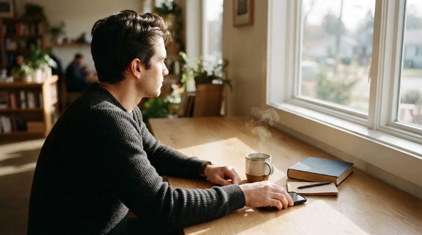 Een man legt zijn telefoon rustig weg en kijkt uit het raam met een kop koffie op tafel.