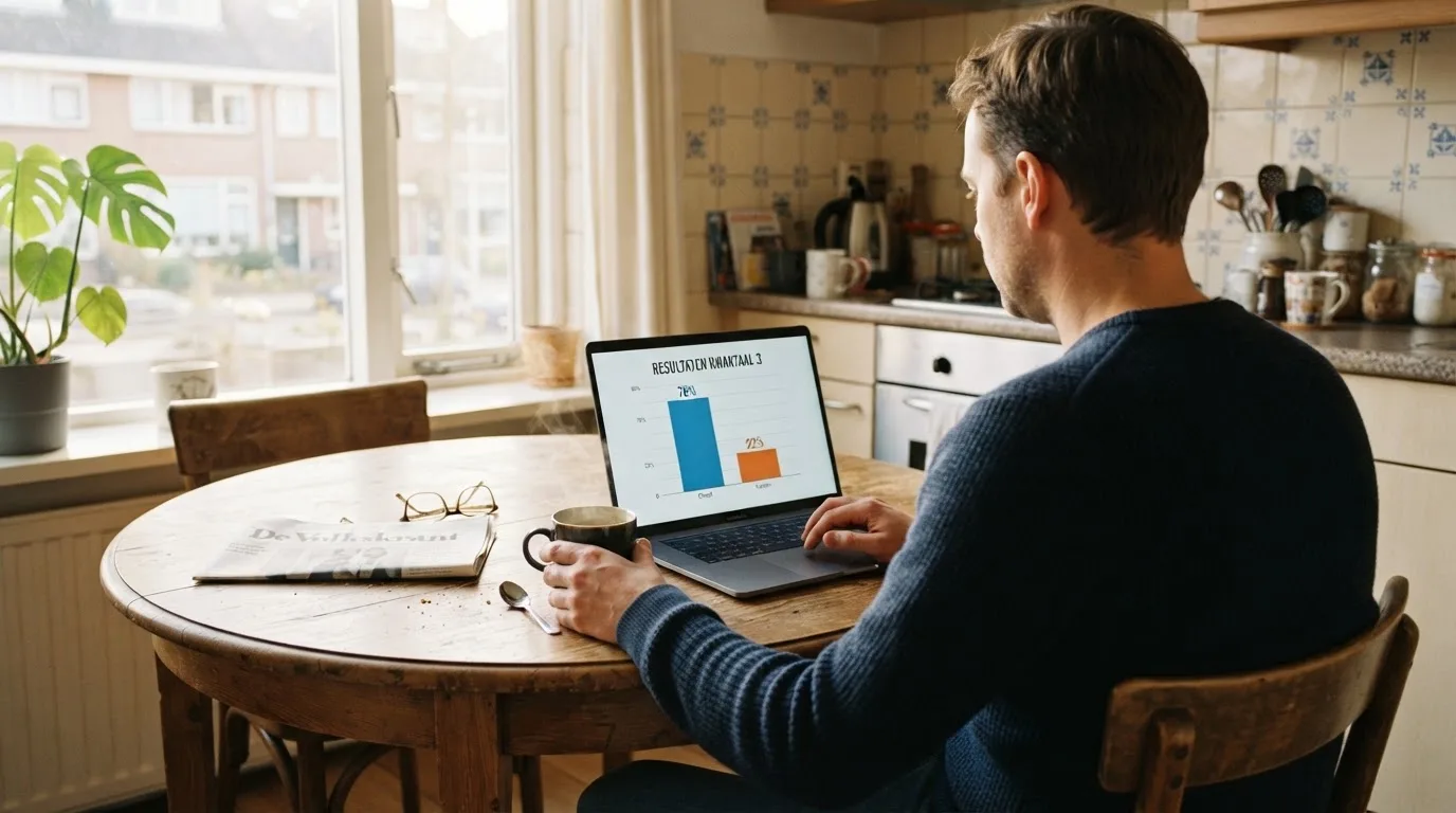Een man zit thuis aan tafel met een kop koffie en bekijkt rustig zijn laptop.