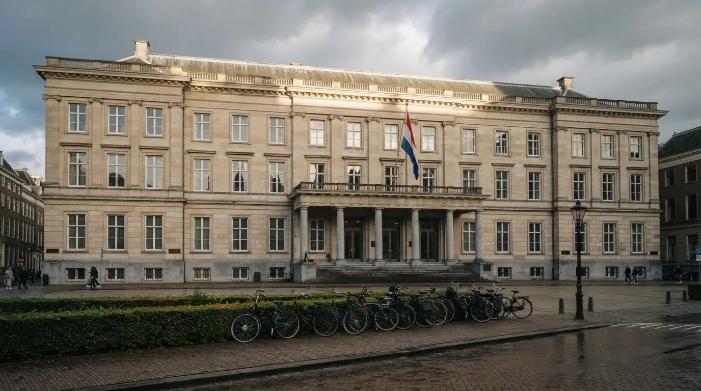 Een statig kantoorgebouw met een Nederlandse vlag ervoor onder een bewolkte hemel.