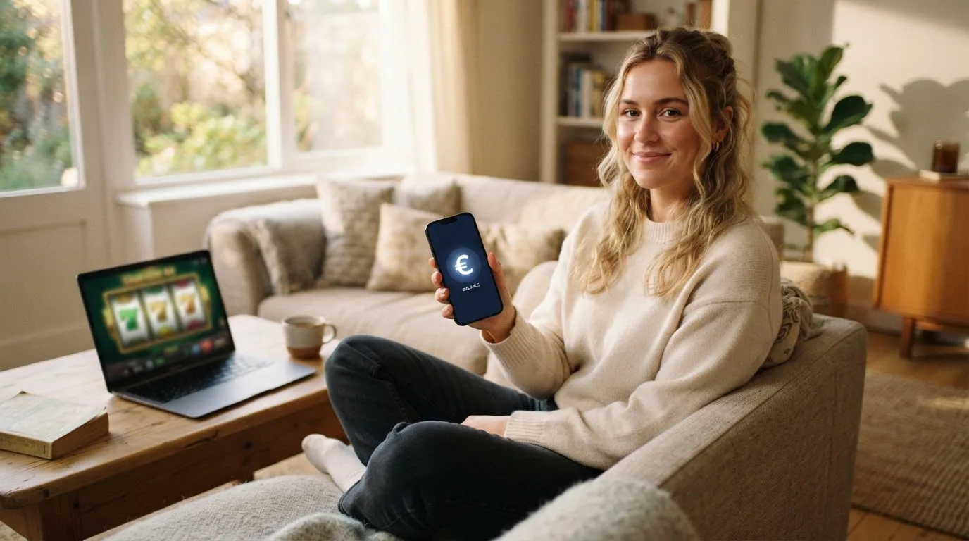 Een jonge vrouw zit ontspannen op de bank met een smartphone in haar hand, terwijl een laptop met onscherp scherm op de salontafel staat.