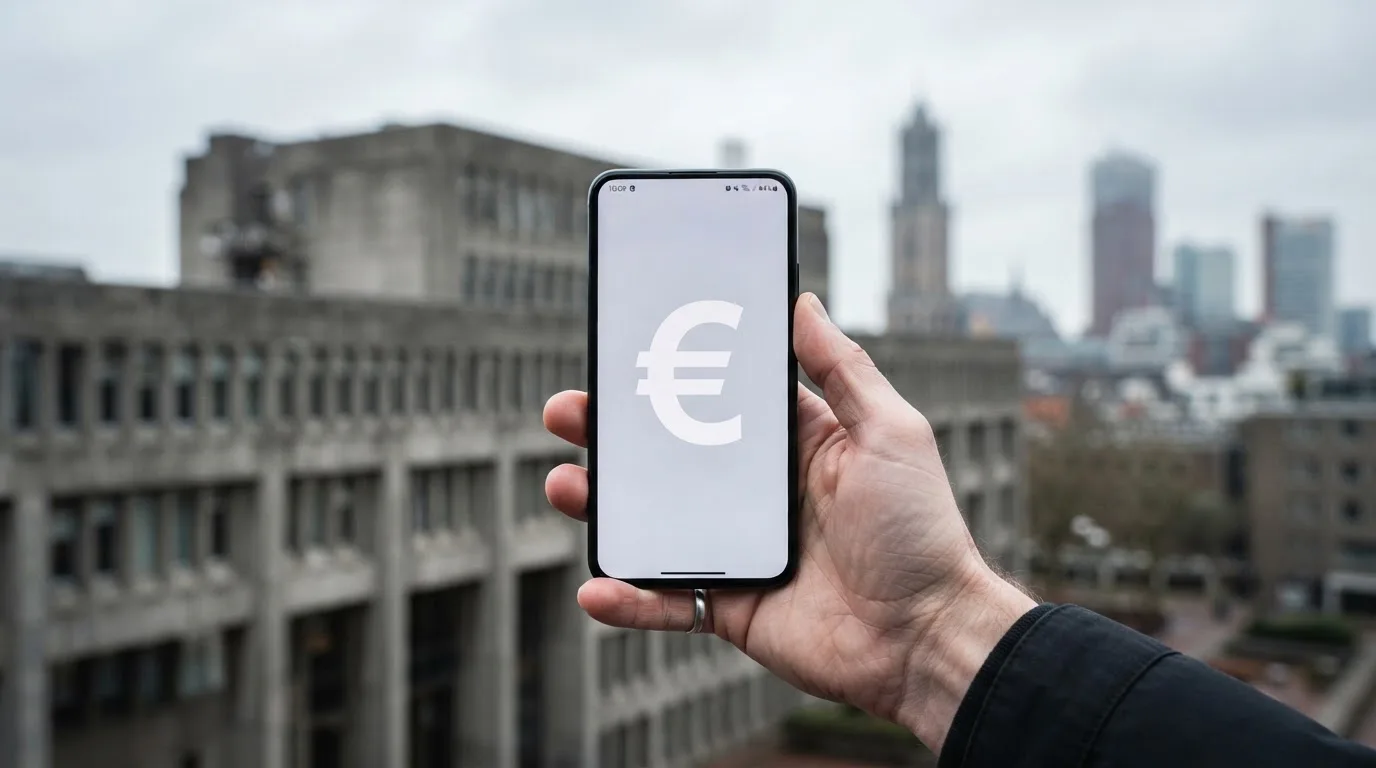 Een close-up van een hand die een smartphone vasthoudt buiten voor een grijs kantoorgebouw, met een wazige skyline van een Nederlandse stad op de achtergrond.