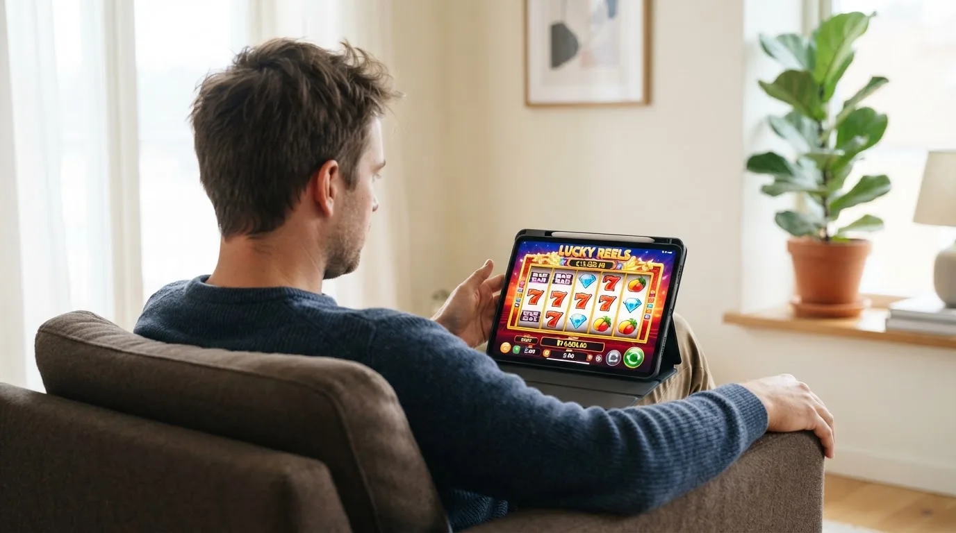 Een man leunt achterover op een stoel met een tablet op schoot, in een lichte woonkamer met planten op de achtergrond.