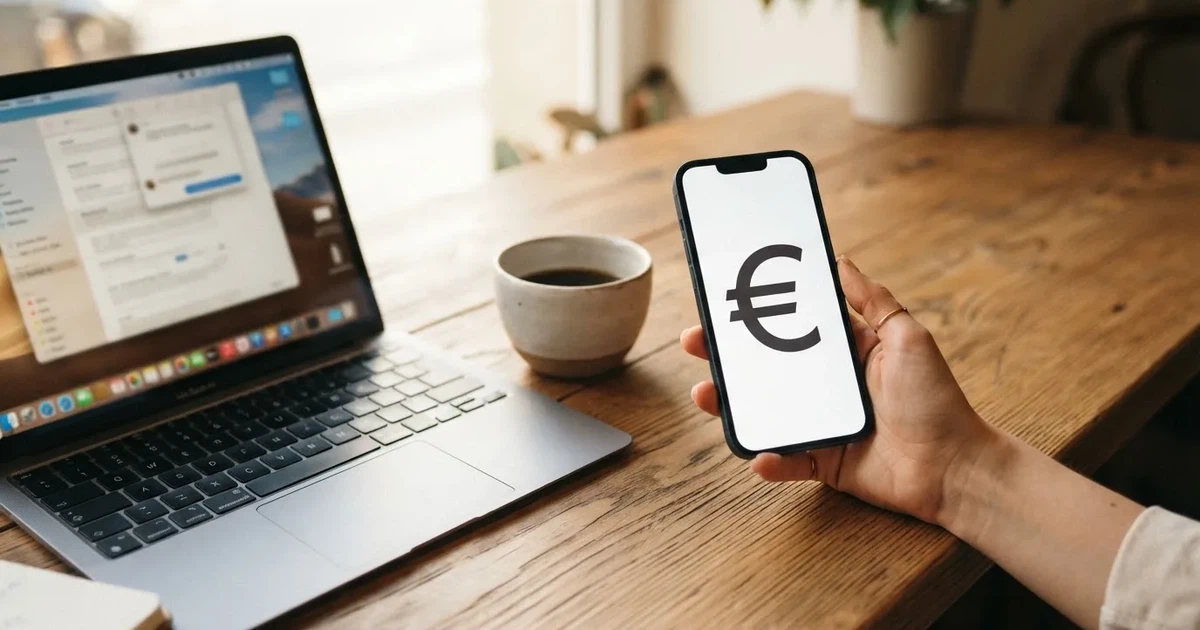 Close-up van handen die op een smartphone tikken naast een kop koffie en een laptop met onscherp scherm op een houten tafel.