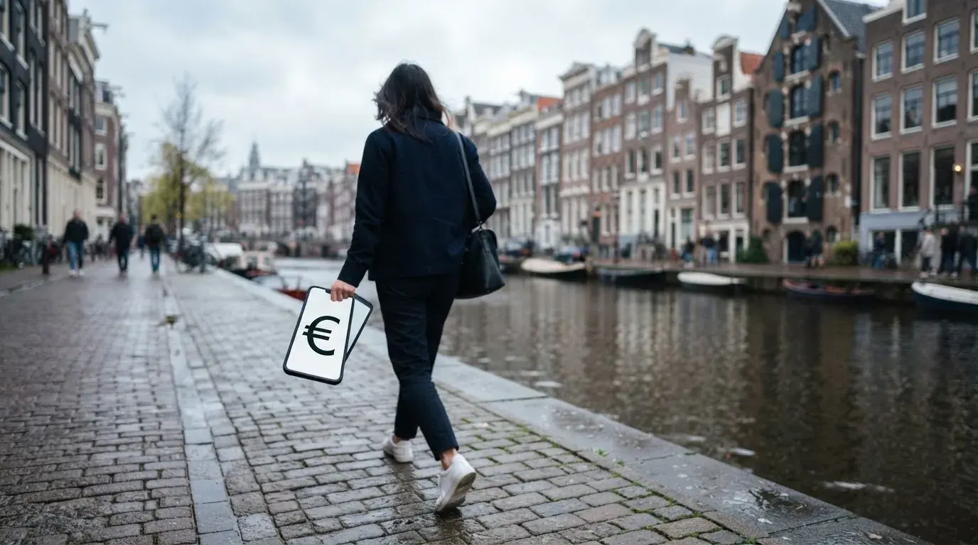 Een persoon loopt met een telefoon in de hand langs een grachtenpand in een Nederlandse stad, met wazige gevels op de achtergrond.