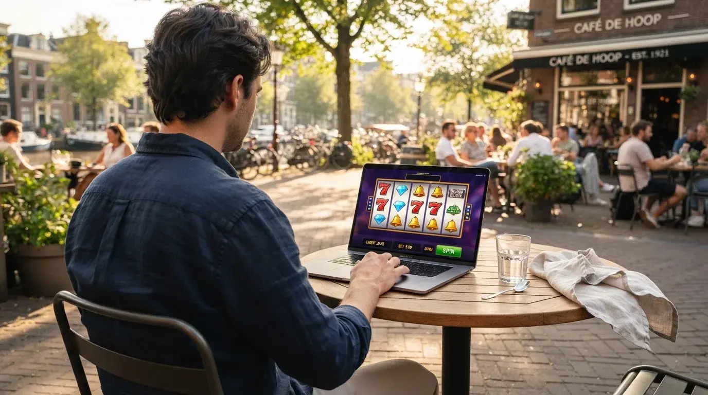 Iemand zit op een terras met een laptop open op een houten tafel tijdens een zonnige middag.