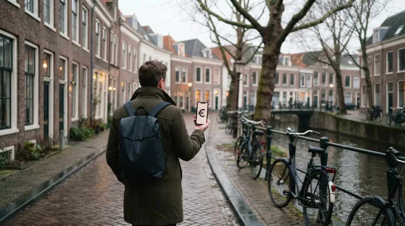 Een volwassene loopt door een rustige straat in een Nederlandse stad met een telefoon in de hand.