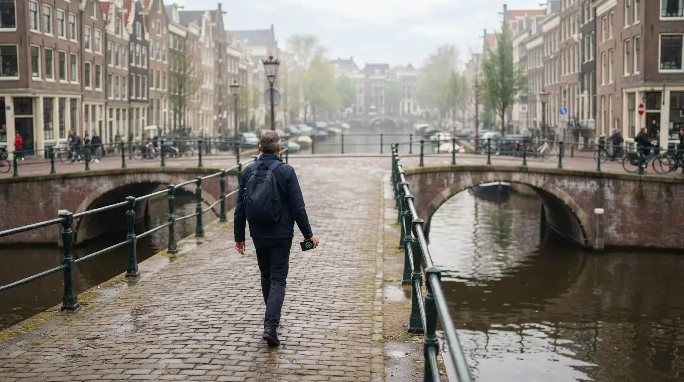 Een volwassene loopt over een brug in een Nederlandse stad met een telefoon in de hand.